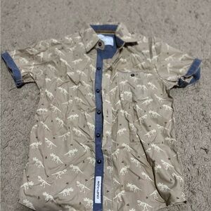 Casual Short-Sleeve Dinosaur Print Shirt - Taupe/Blue